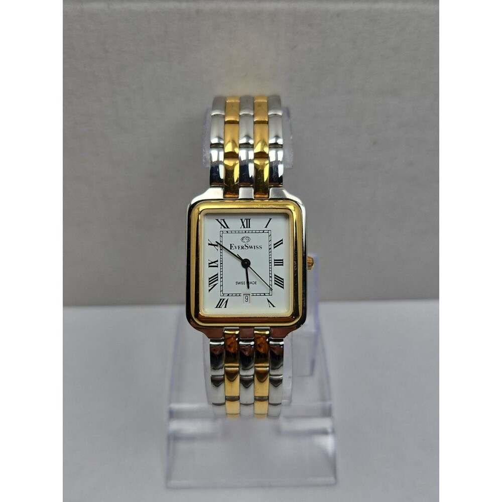 EverSwiss Womens Two Tone Gold Silver Tank 26mm Dress Date Watch New Battery
